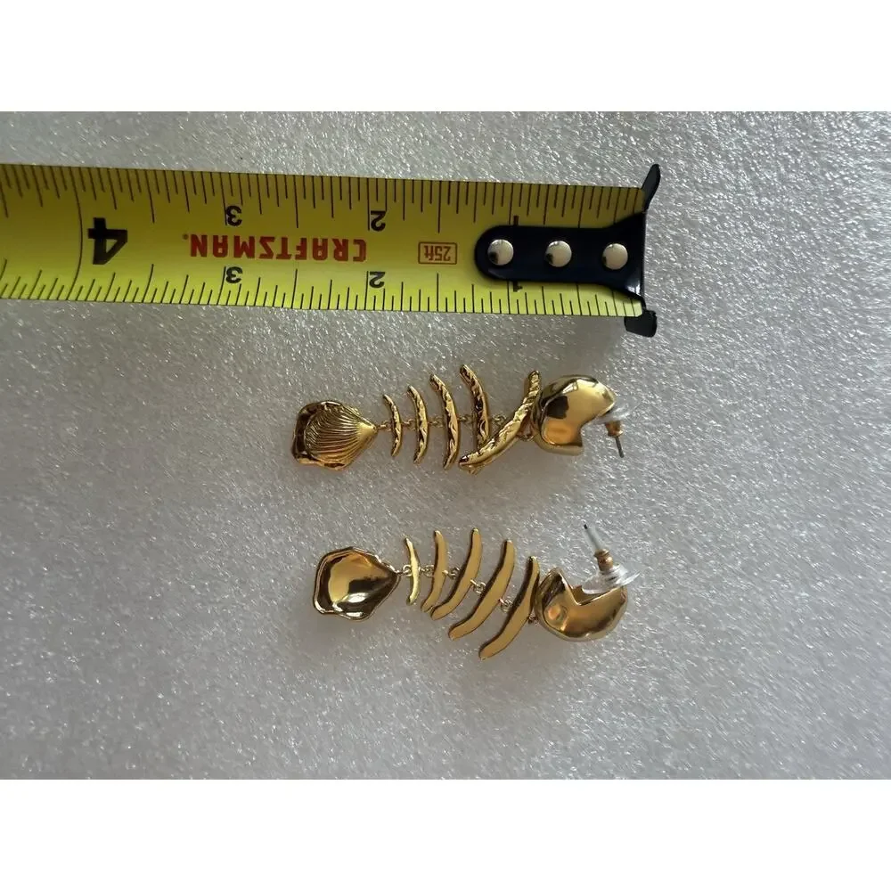 NEW J Crew Gold Fishbone Nautical Fish Dangle Earrings
